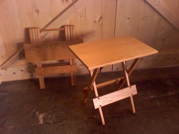 Two Wood Folding Tables, One Folded and One Unfolded