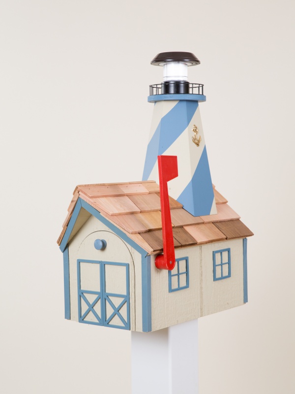 lighthouse mailbox beige with blue trim