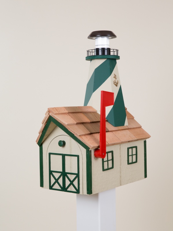 lighthouse mailbox beige with green trim