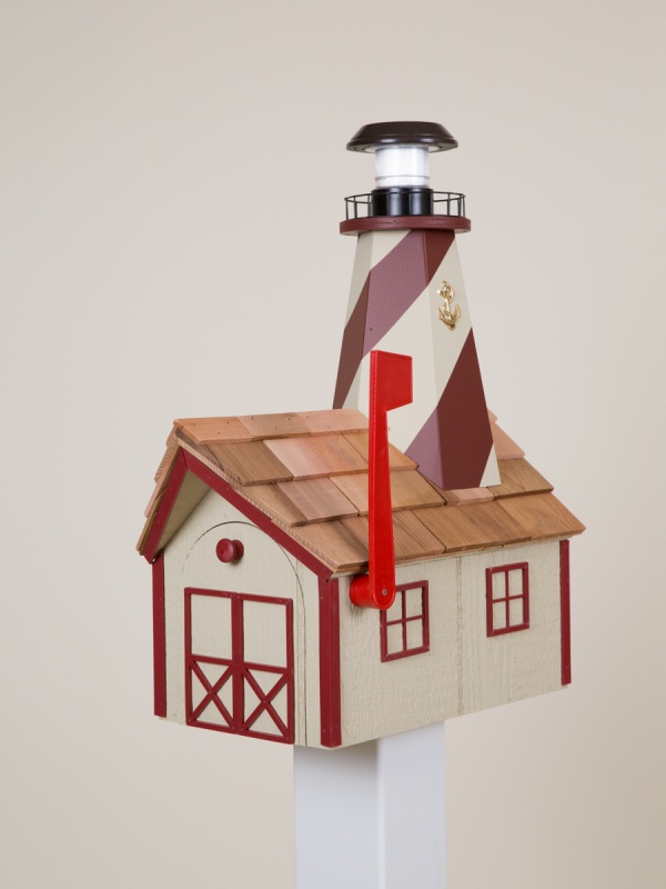 lighthouse mailbox beige with red trim
