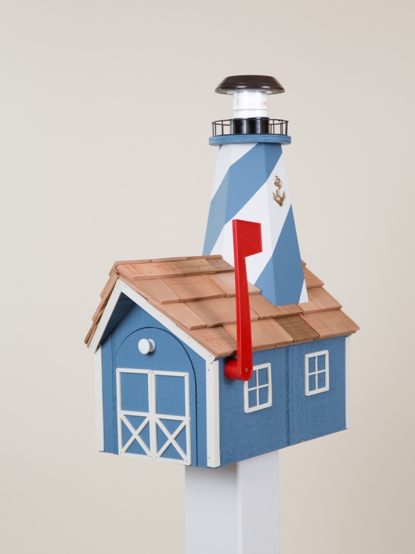 lighthouse mailbox blue with white trim