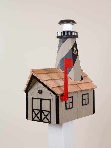 Lighthouse Mailbox with lightbulb in lighthouse