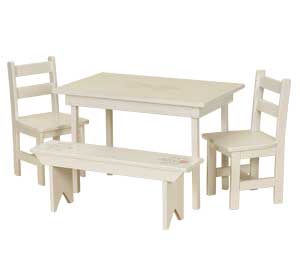 Painted White Maple Wood Childs Table with 2 Chairs and Bench